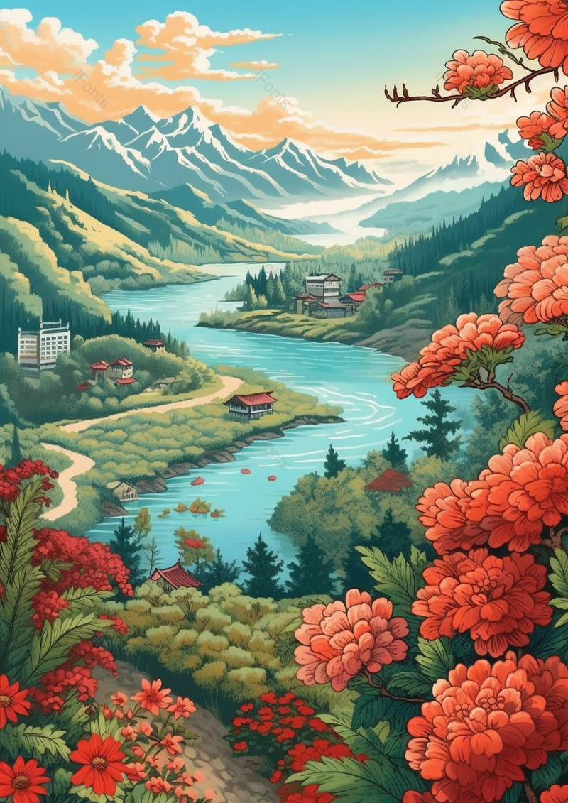 蓝色自然手绘河流湖边村庄设计背景,插画/手绘图,插画/手绘图库,插画/手绘图下载,插画/手绘